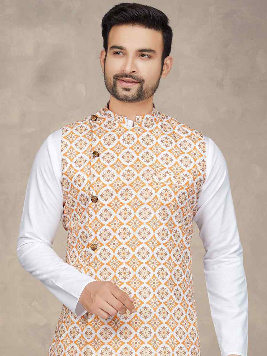 White Cotton Printed Festival Party Kurta