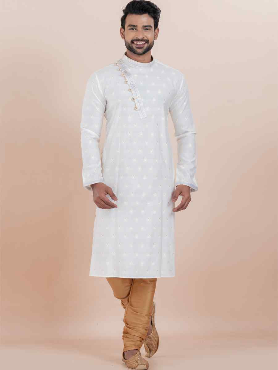 White Cotton Silk Jacquard Embroidered Festival Wedding Kurta Pyjama Men's Wear