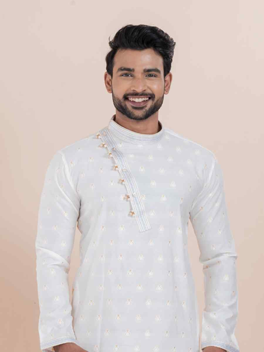 White Cotton Silk Jacquard Embroidered Festival Wedding Kurta Pyjama Men's Wear