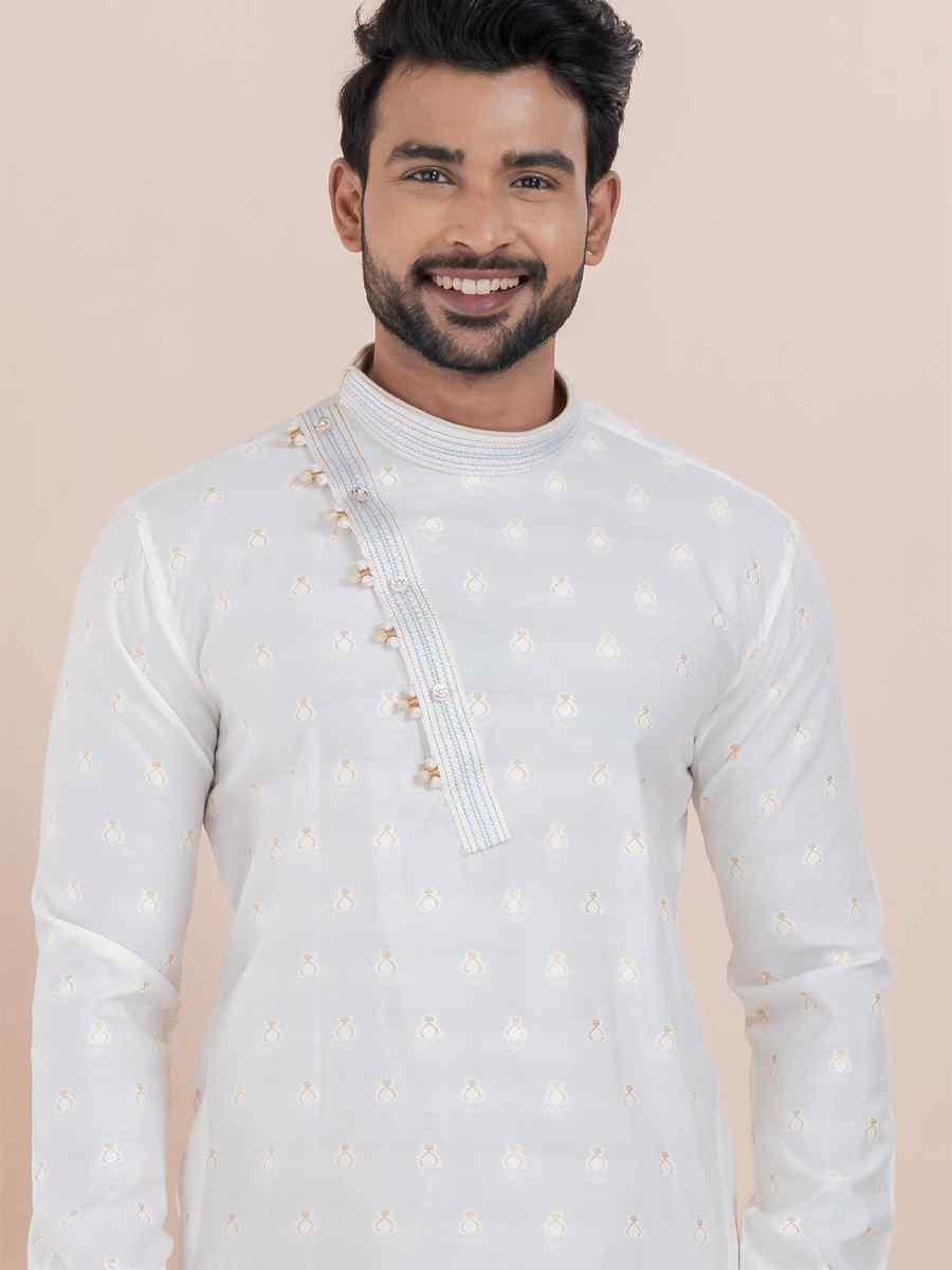 White Cotton Silk Jacquard Embroidered Festival Wedding Kurta Pyjama Men's Wear