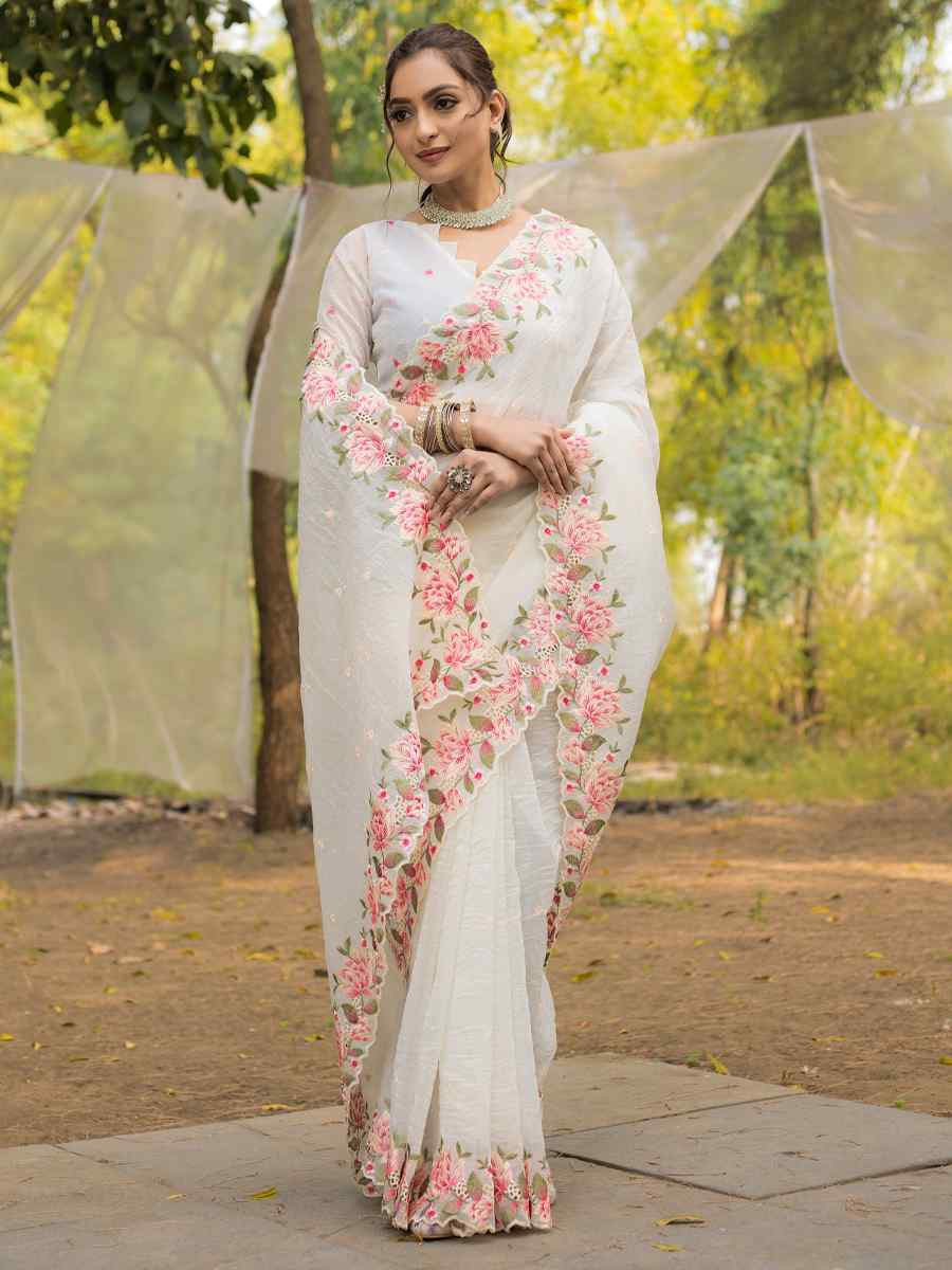 White Crush Silk Handwoven Festival Wedding Heavy Border Saree