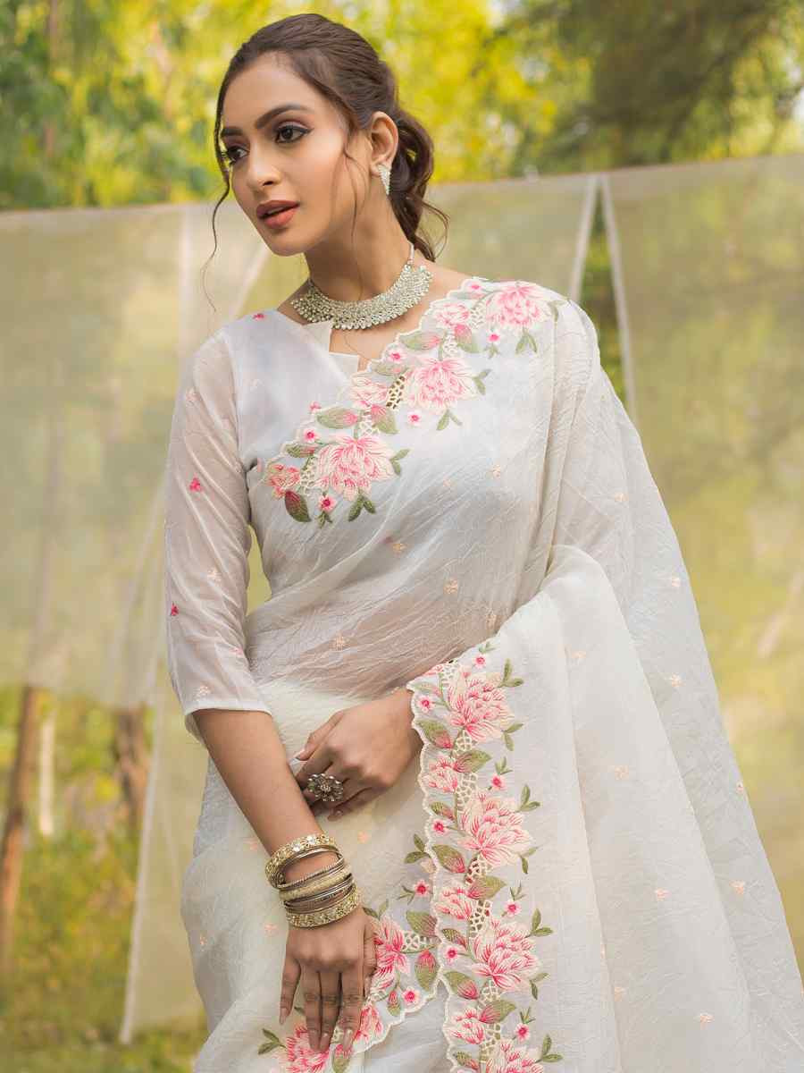 White Crush Silk Handwoven Festival Wedding Heavy Border Saree