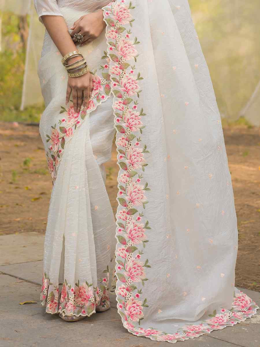 White Crush Silk Handwoven Festival Wedding Heavy Border Saree