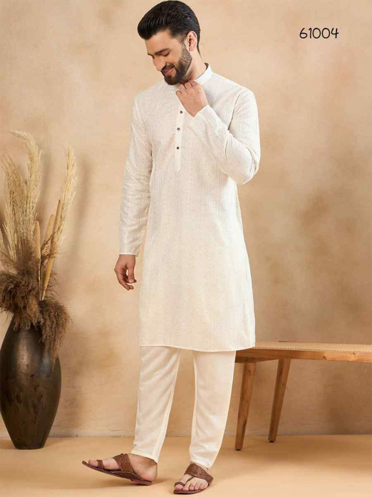 White Designer Liva Silk Embroidered Festival Casual Kurta