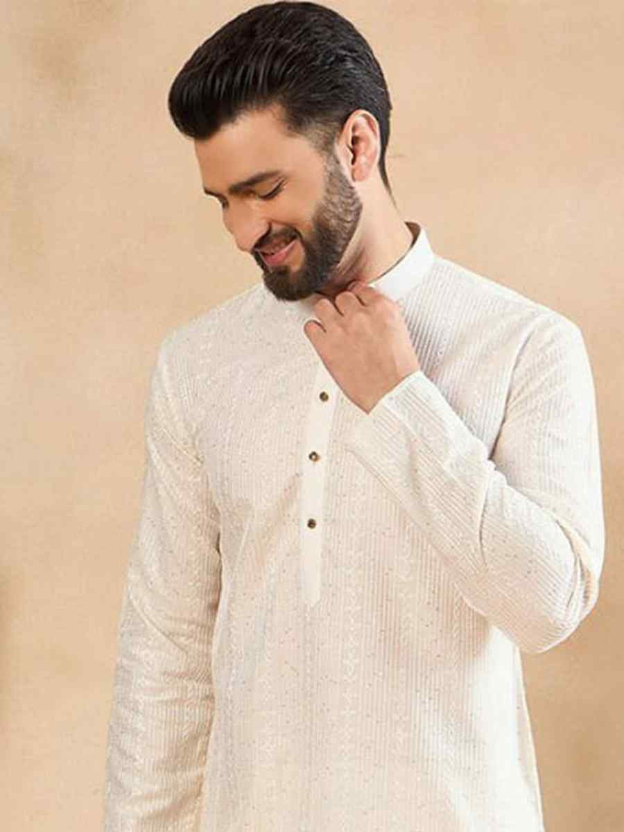 White Designer Liva Silk Embroidered Festival Casual Kurta