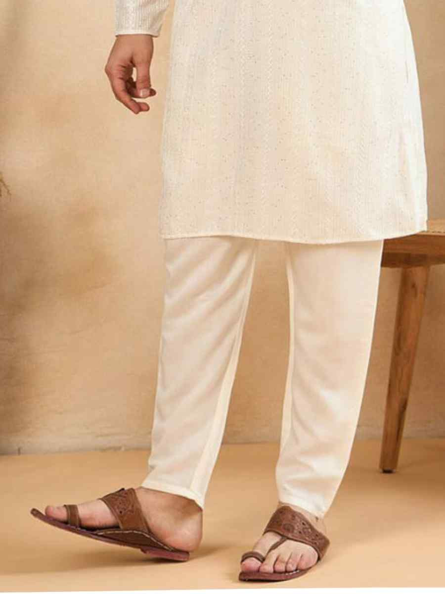 White Designer Liva Silk Embroidered Festival Casual Kurta