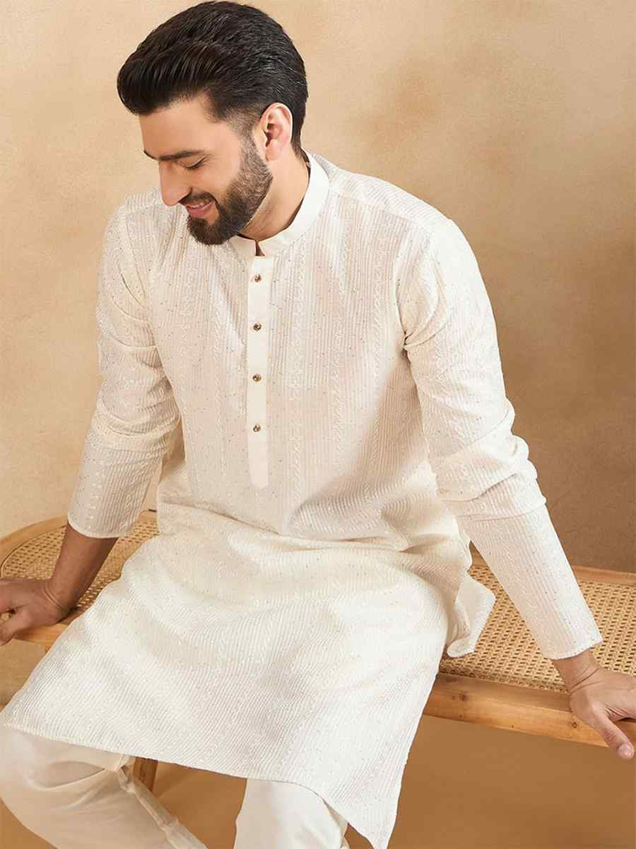 White Designer Liva Silk Embroidered Festival Casual Kurta