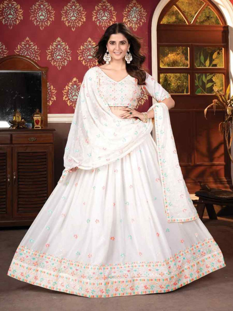 White Faux Blooming  Embroidered Reception Party Wear Heavy Border Lehenga Choli