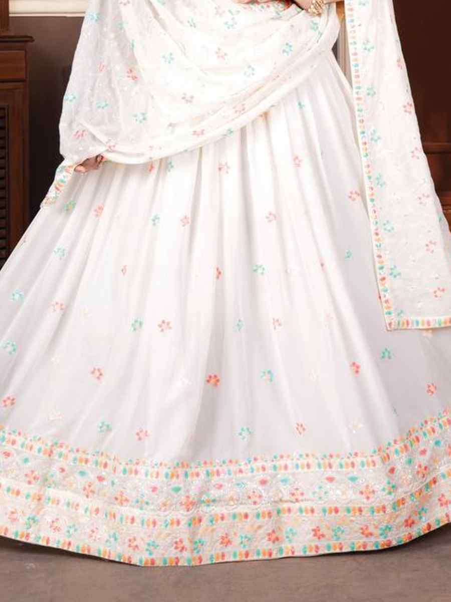 White Faux Blooming  Embroidered Reception Party Wear Heavy Border Lehenga Choli