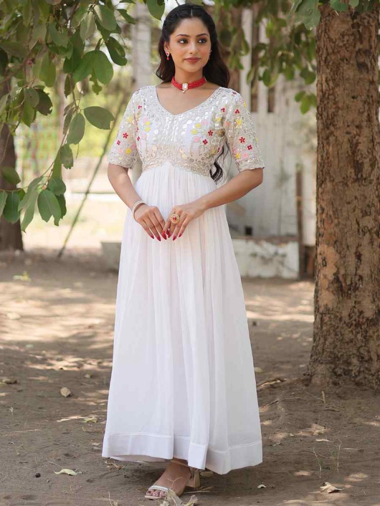 White Faux Blooming Embroidered Festival Mehendi Gown