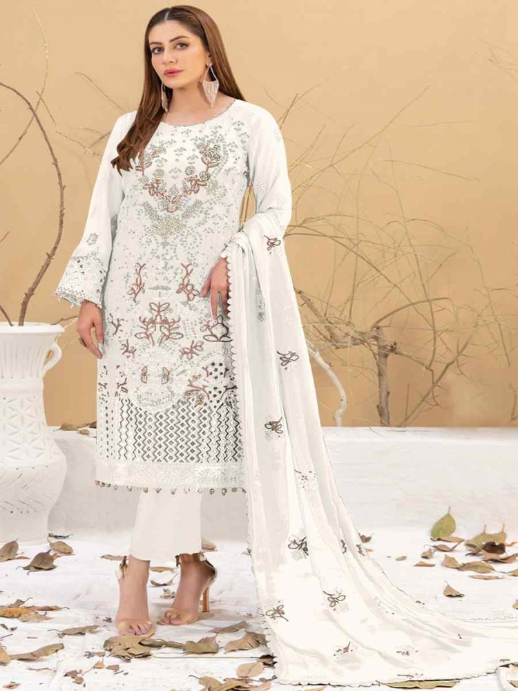 White Faux Georgette Embroidered Festival Casual Pant Salwar Kameez