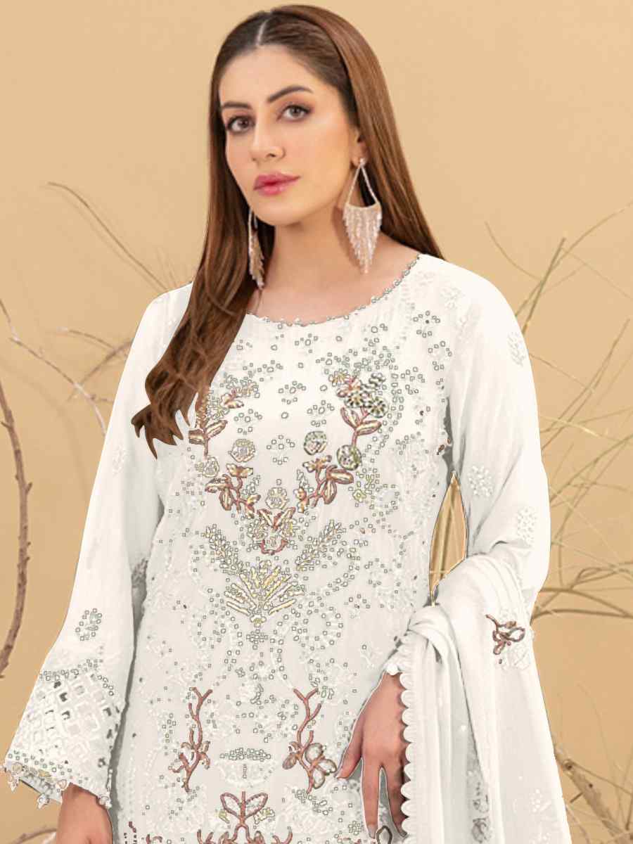 White Faux Georgette Embroidered Festival Casual Pant Salwar Kameez