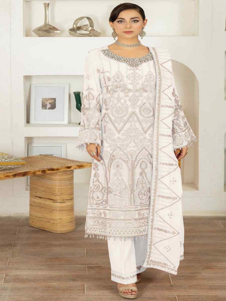 White Faux Georgette Embroidered Festival Mehendi Pant Salwar Kameez