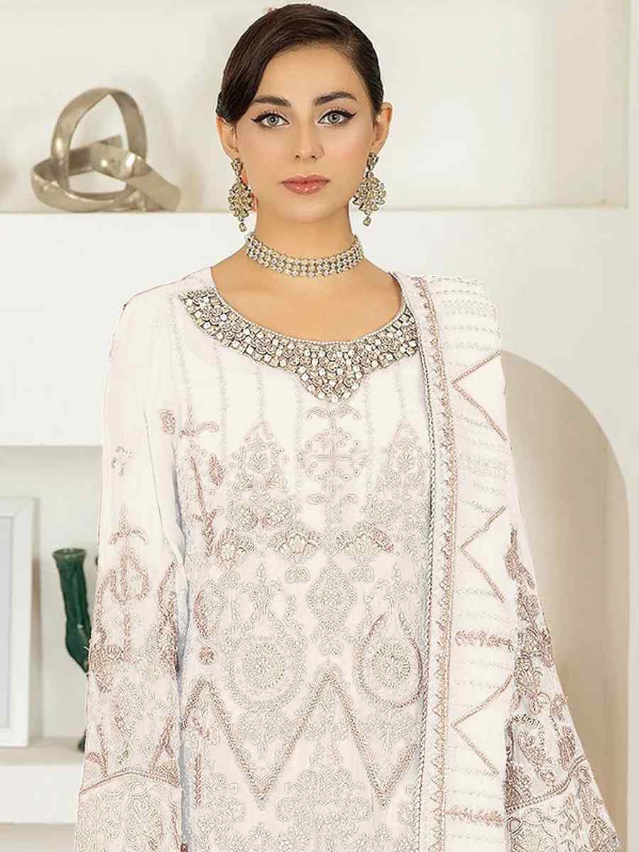 White Faux Georgette Embroidered Festival Mehendi Pant Salwar Kameez