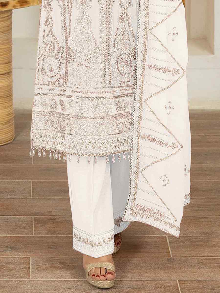 White Faux Georgette Embroidered Festival Mehendi Pant Salwar Kameez