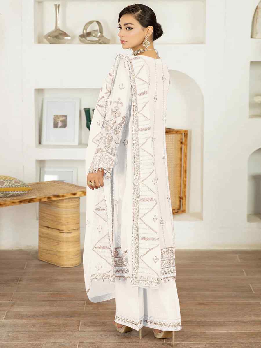 White Faux Georgette Embroidered Festival Mehendi Pant Salwar Kameez