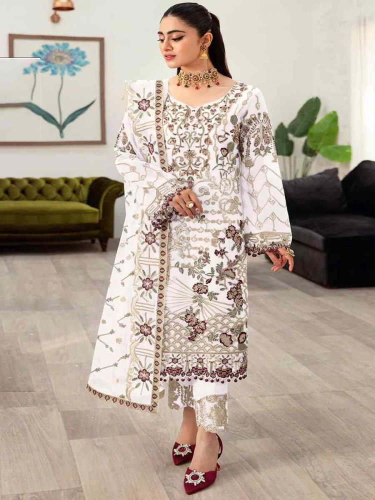 White Faux Georgette Embroidered Festival Mehendi Pant Salwar Kameez