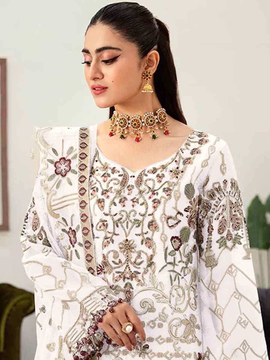 White Faux Georgette Embroidered Festival Mehendi Pant Salwar Kameez