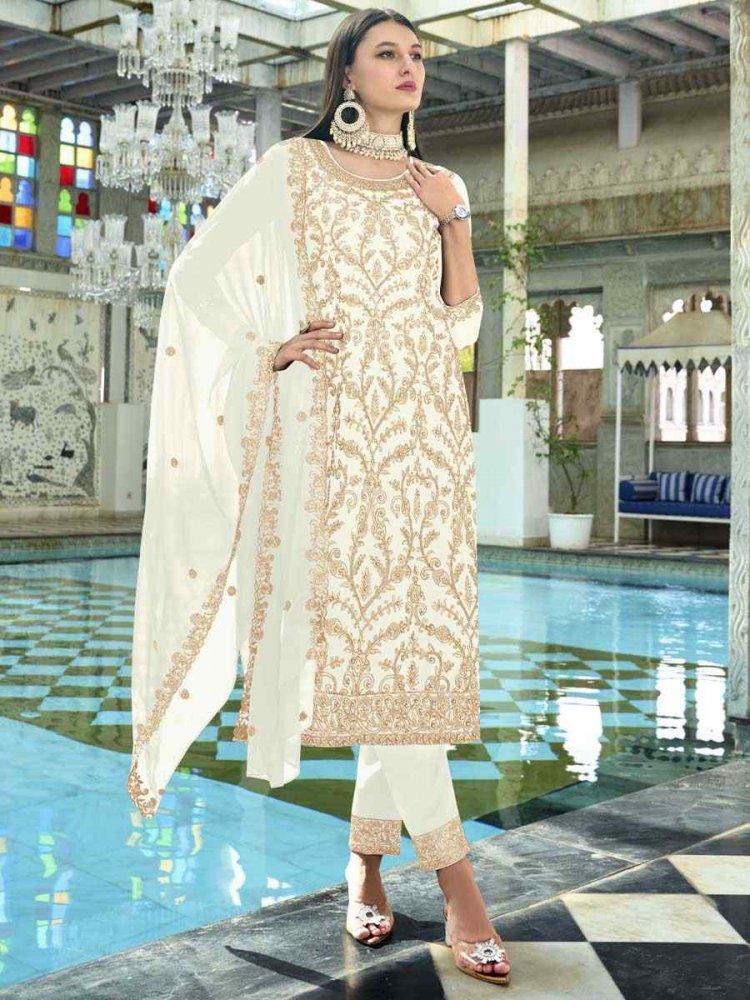 White Faux Georgette Embroidered Festival Wedding Ready Pant Salwar Kameez
