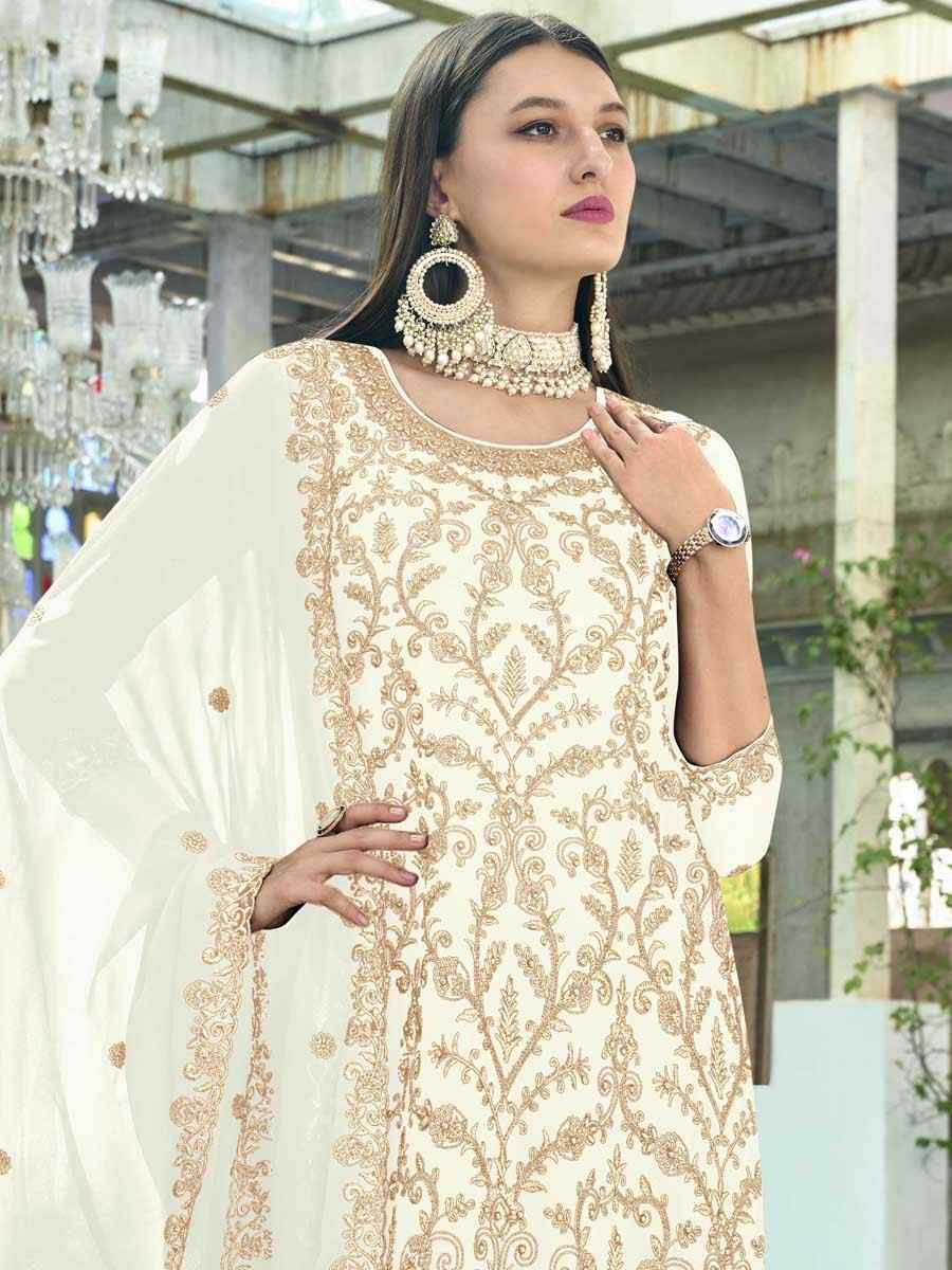 White Faux Georgette Embroidered Festival Wedding Ready Pant Salwar Kameez