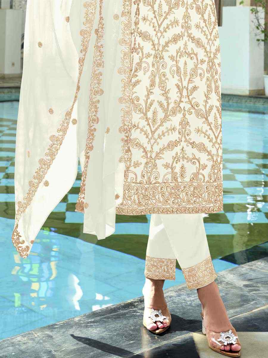 White Faux Georgette Embroidered Festival Wedding Ready Pant Salwar Kameez