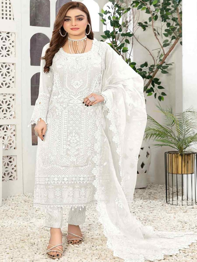 White Georgette Embroidered Festival Casual Pant Salwar Kameez