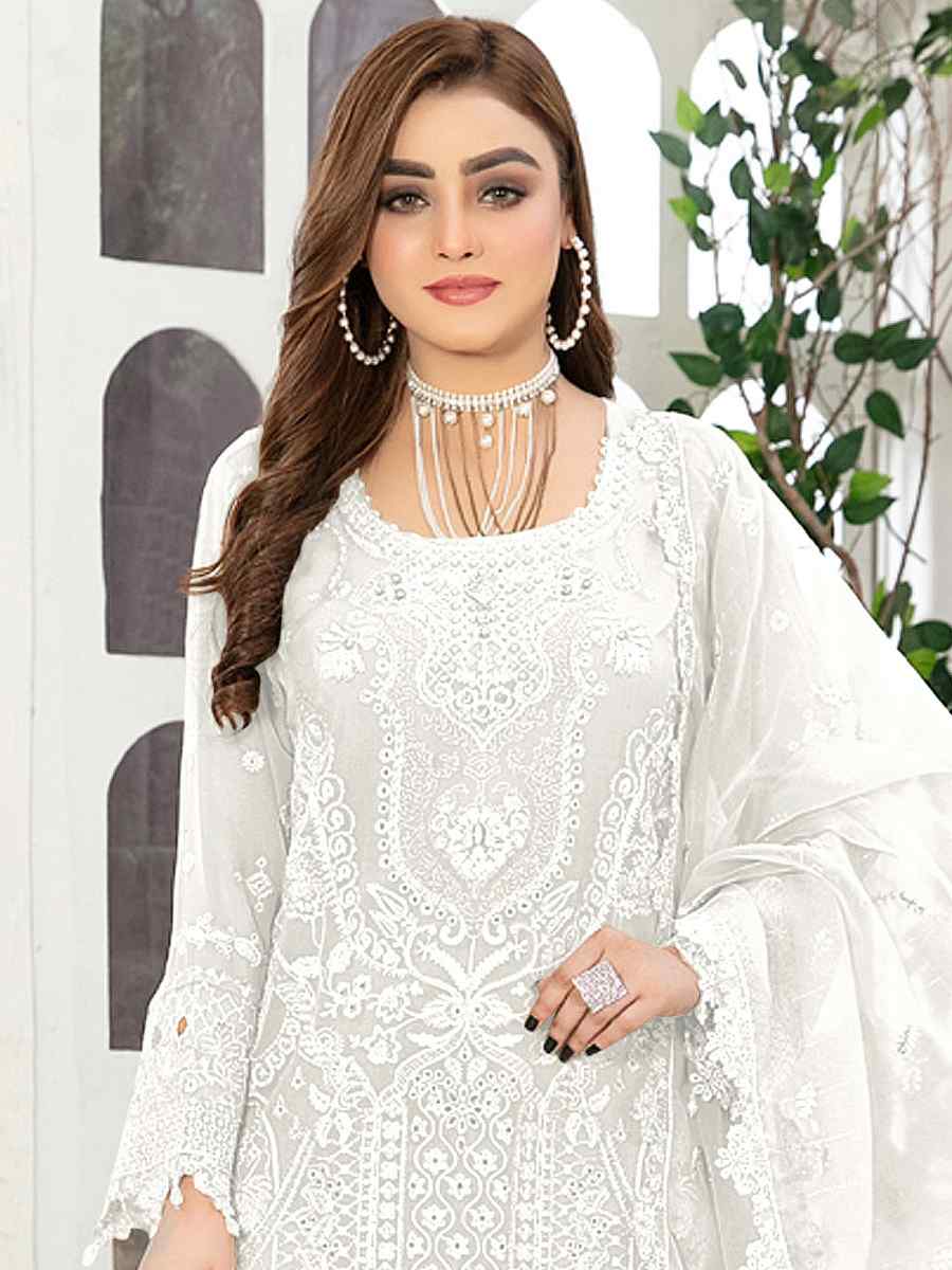 White Georgette Embroidered Festival Casual Pant Salwar Kameez