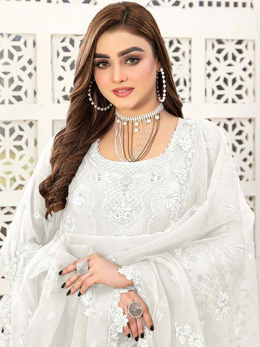 White Georgette Embroidered Festival Casual Pant Salwar Kameez