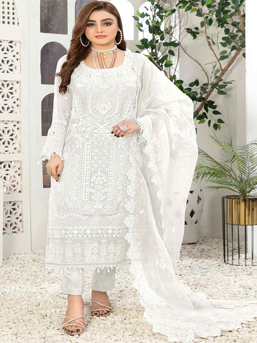 White Georgette Embroidered Festival Casual Pant Salwar Kameez