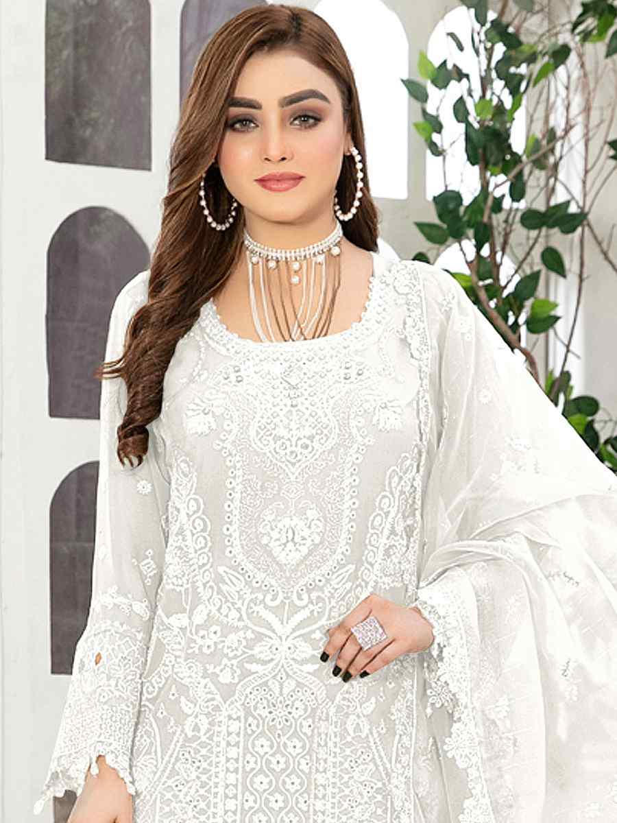 White Georgette Embroidered Festival Casual Pant Salwar Kameez