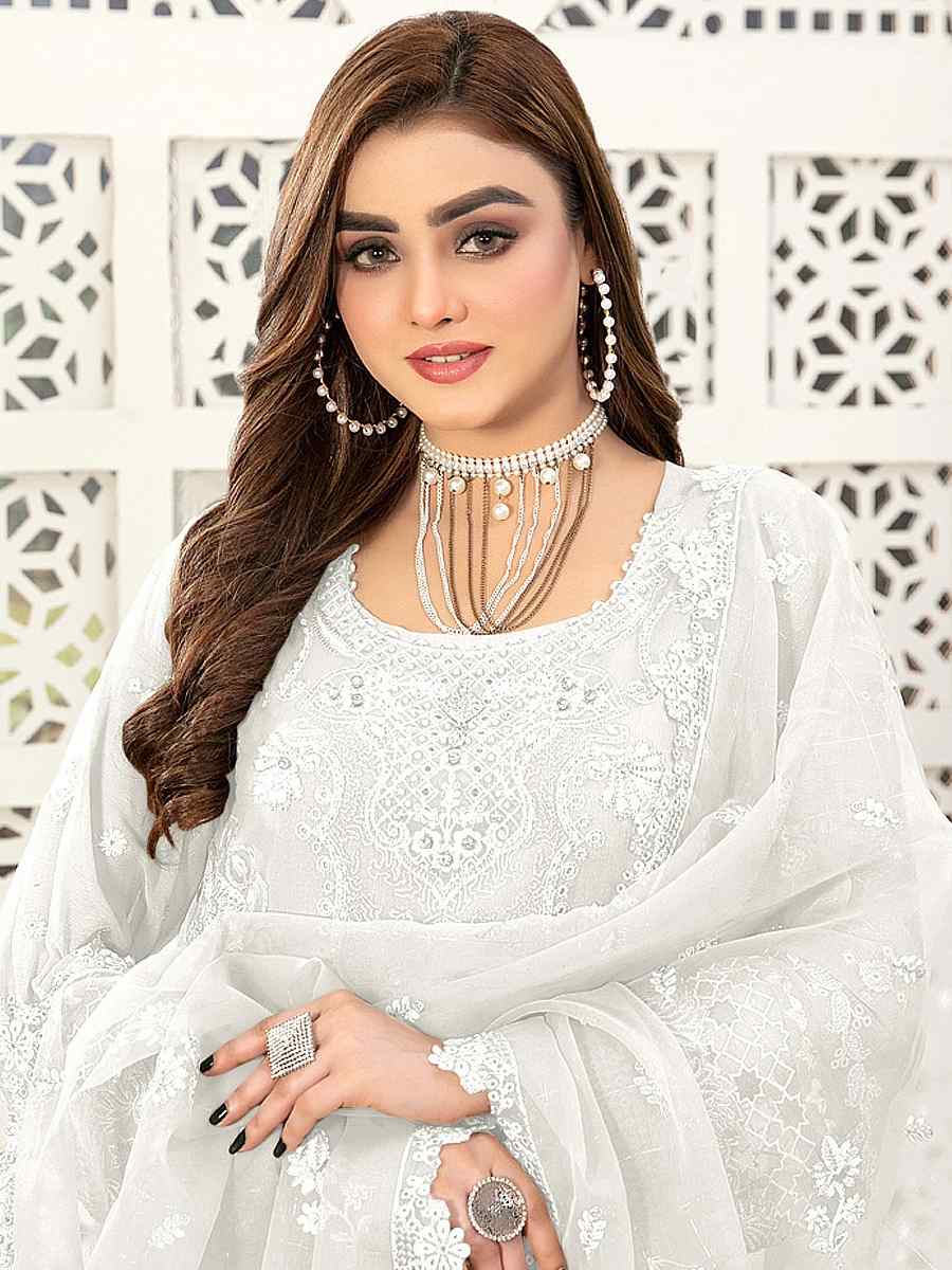 White Georgette Embroidered Festival Casual Pant Salwar Kameez