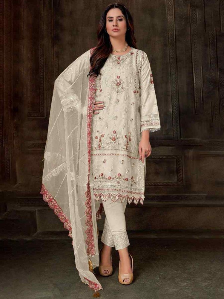 White Georgette Embroidered Festival Casual Pant Salwar Kameez