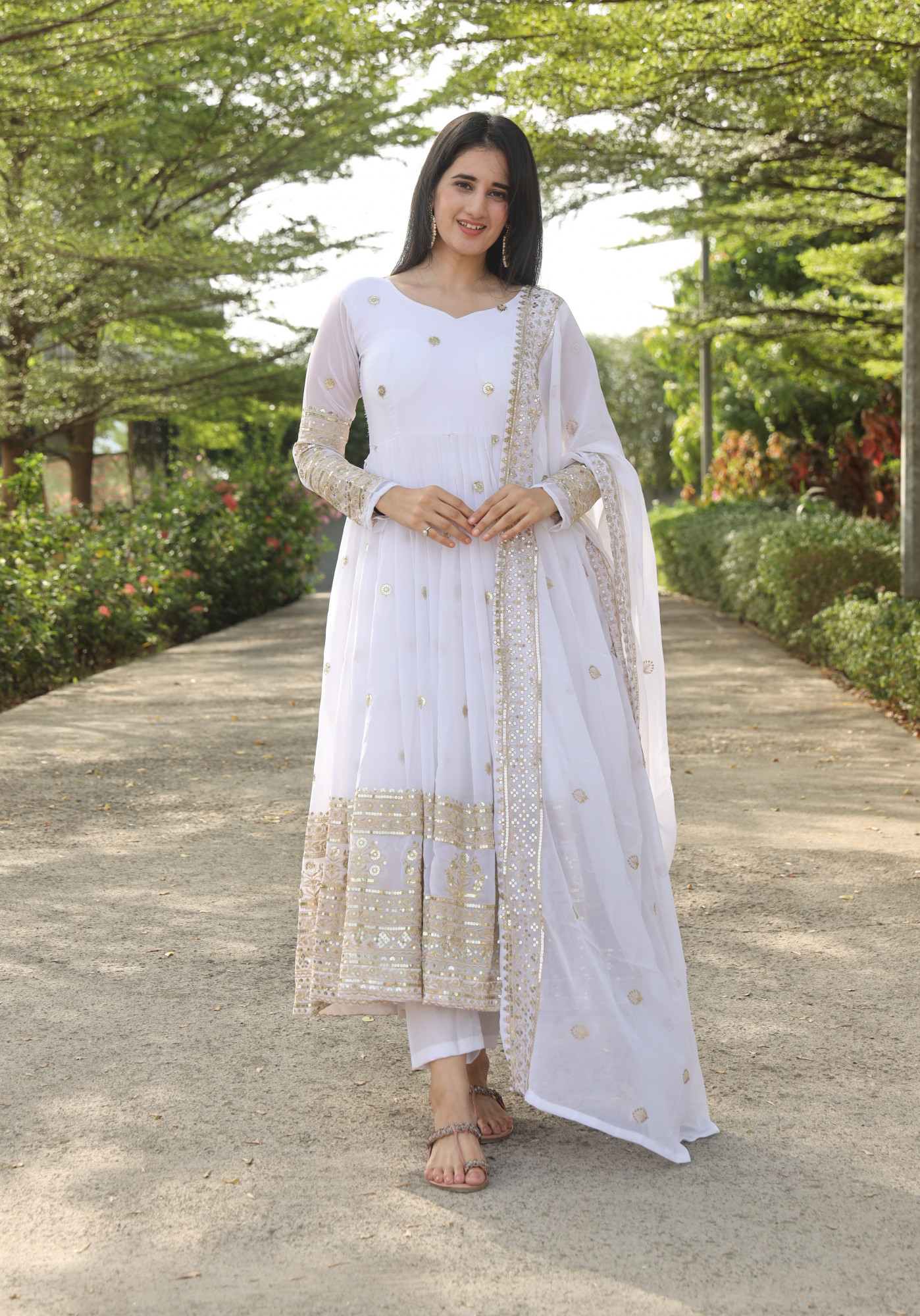 White Georgette Embroidered Festival Casual Ready Anarkali Salwar Kameez