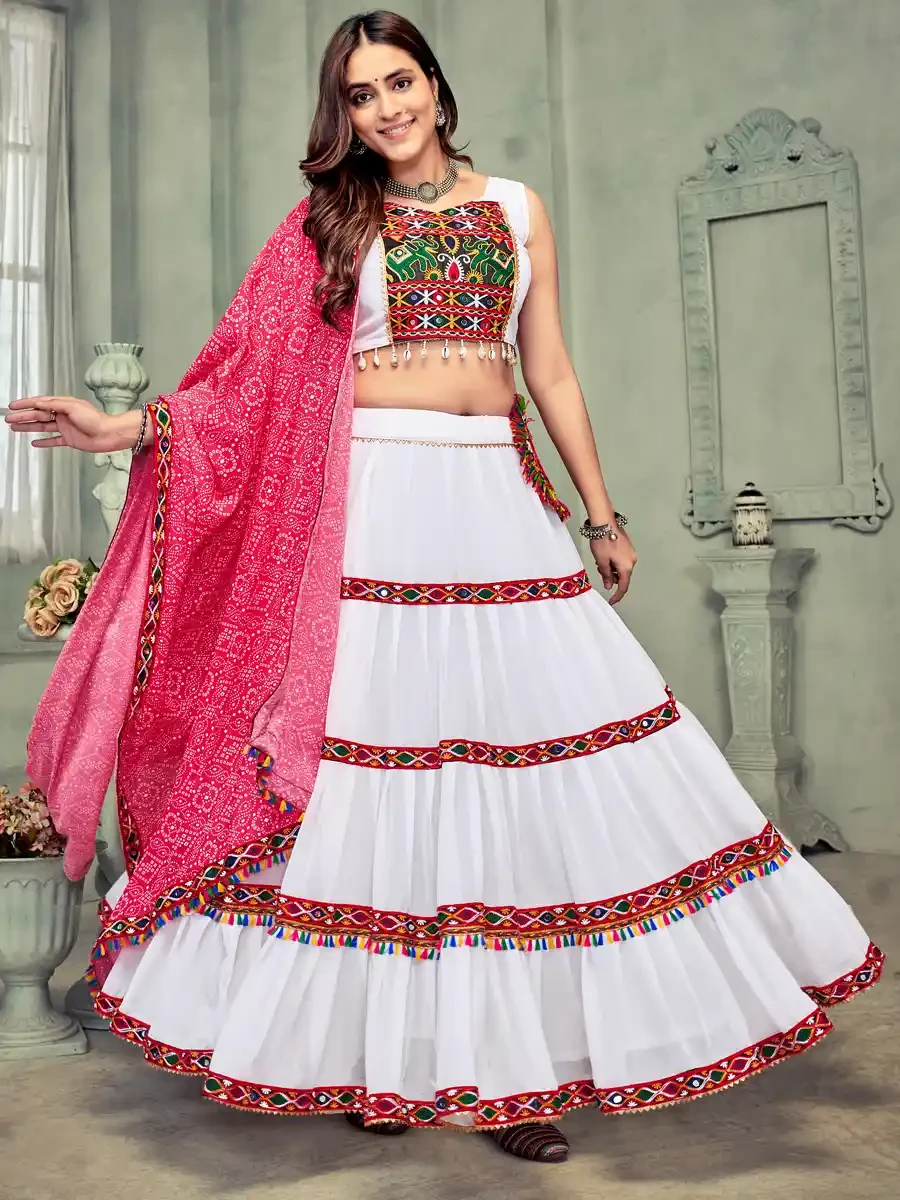 White Georgette Embroidered Festival Mehendi Traditional Lehenga Choli