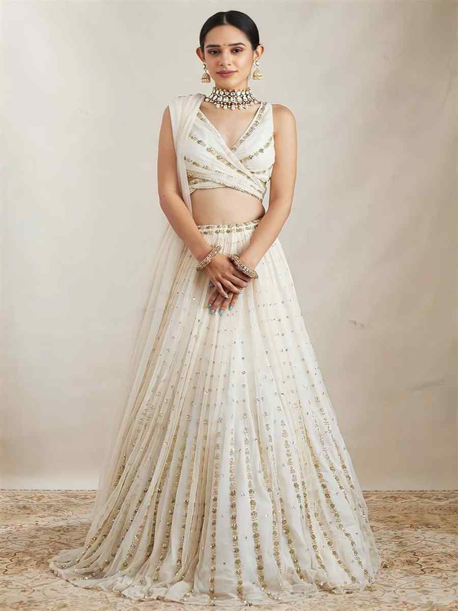 White Georgette Embroidered Wedding Festival Heavy Border Lehenga Choli