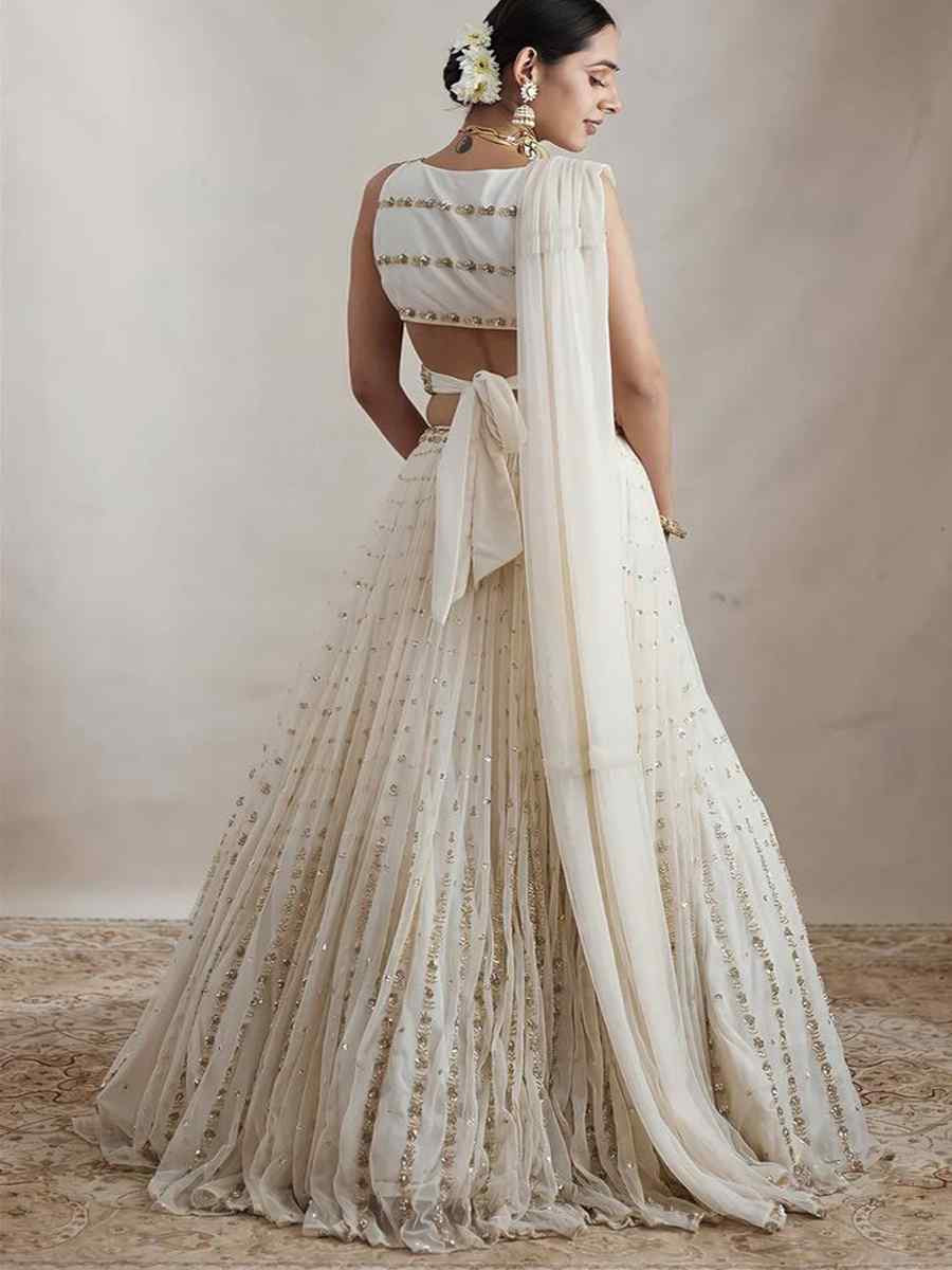 White Georgette Embroidered Wedding Festival Heavy Border Lehenga Choli