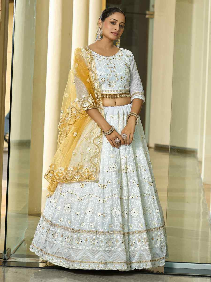 White Georgette Embroidered Wedding Party Wear Heavy Border Lehenga Choli