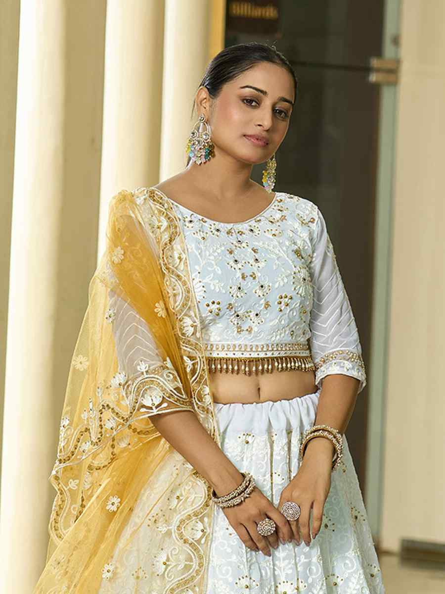 White Georgette Embroidered Wedding Party Wear Heavy Border Lehenga Choli