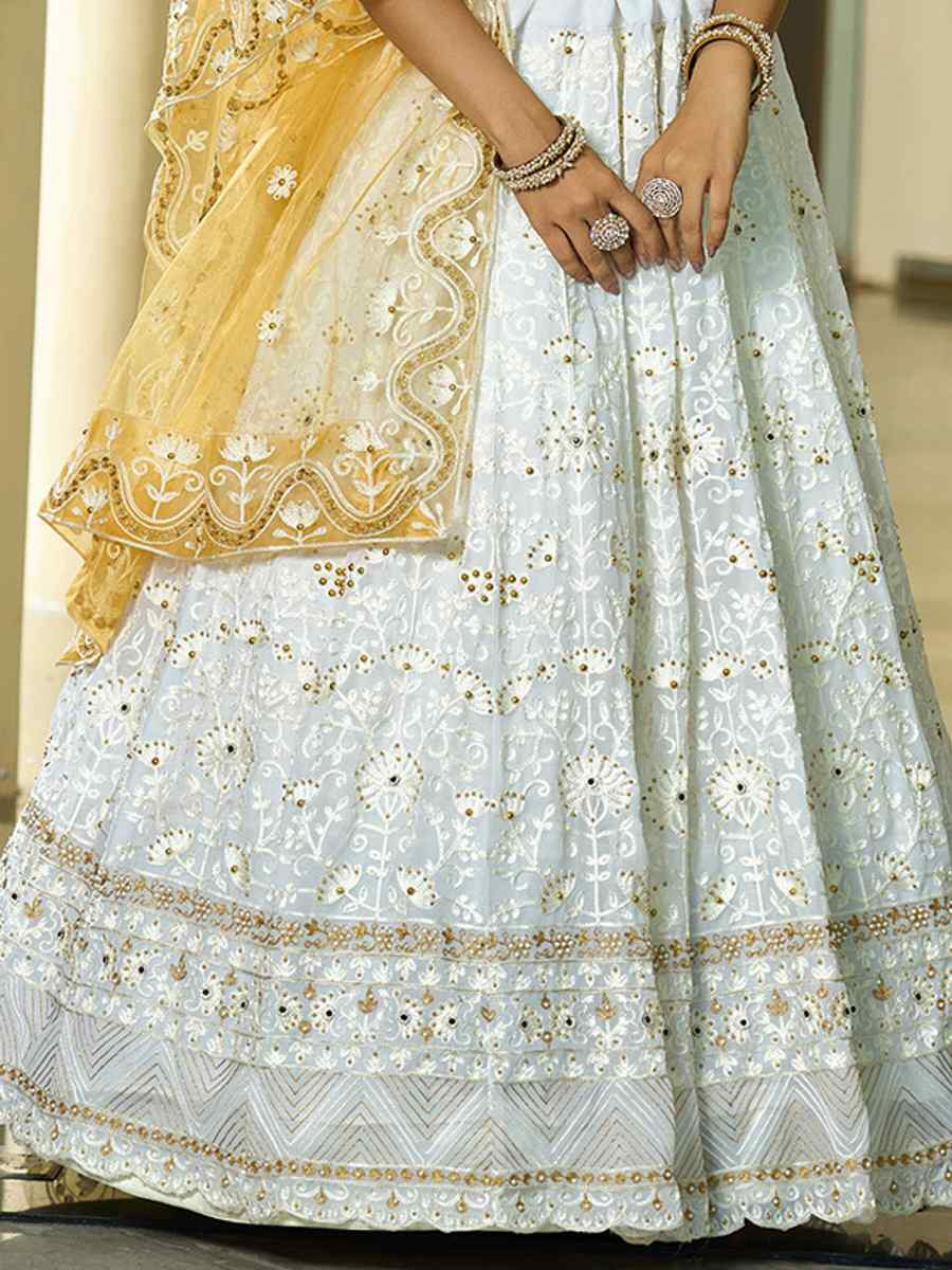 White Georgette Embroidered Wedding Party Wear Heavy Border Lehenga Choli