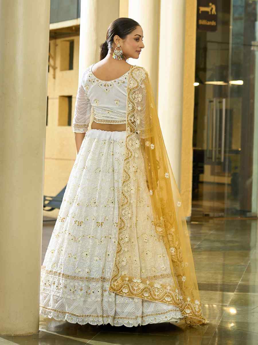 White Georgette Embroidered Wedding Party Wear Heavy Border Lehenga Choli