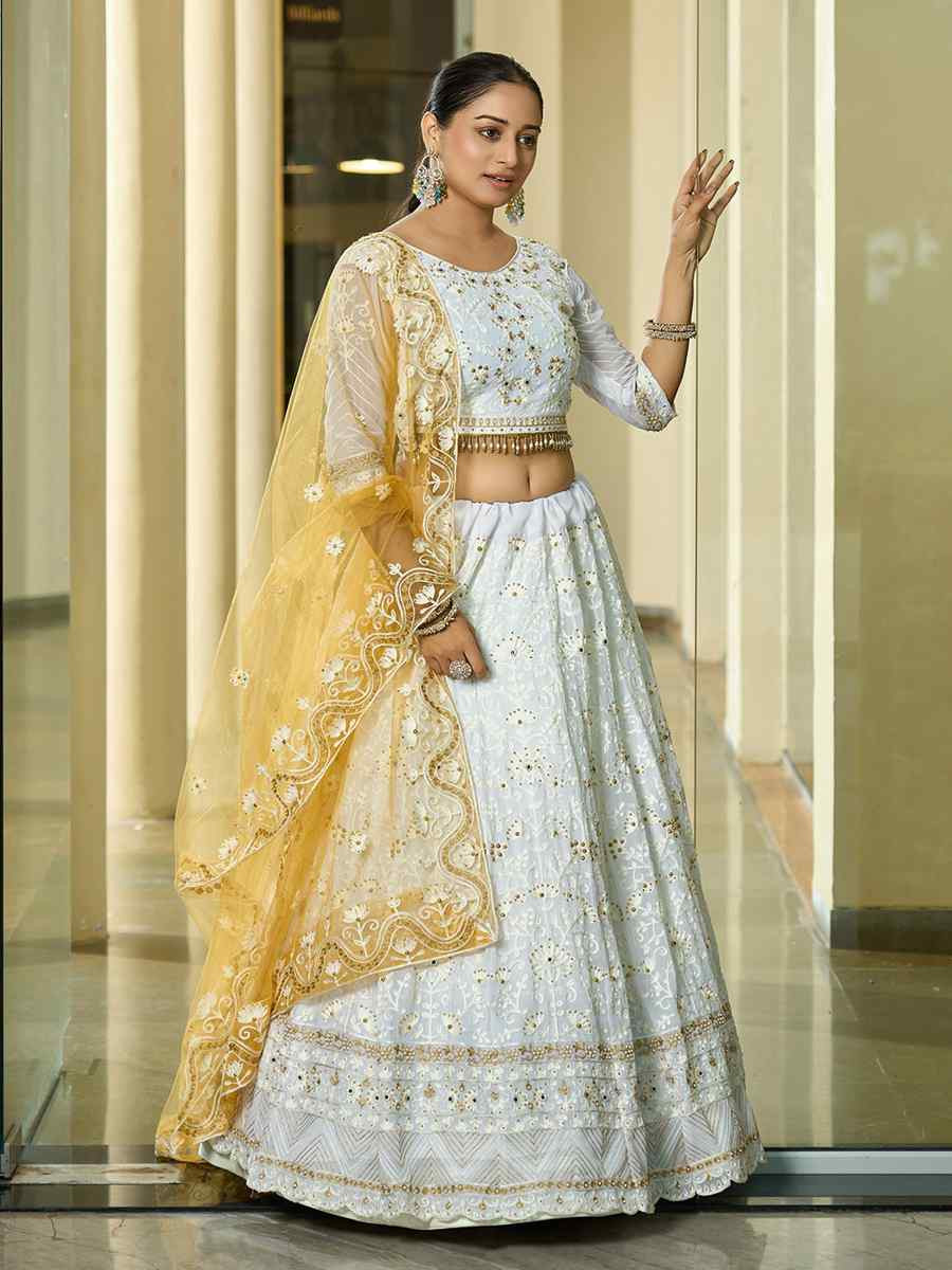 White Georgette Embroidered Wedding Party Wear Heavy Border Lehenga Choli