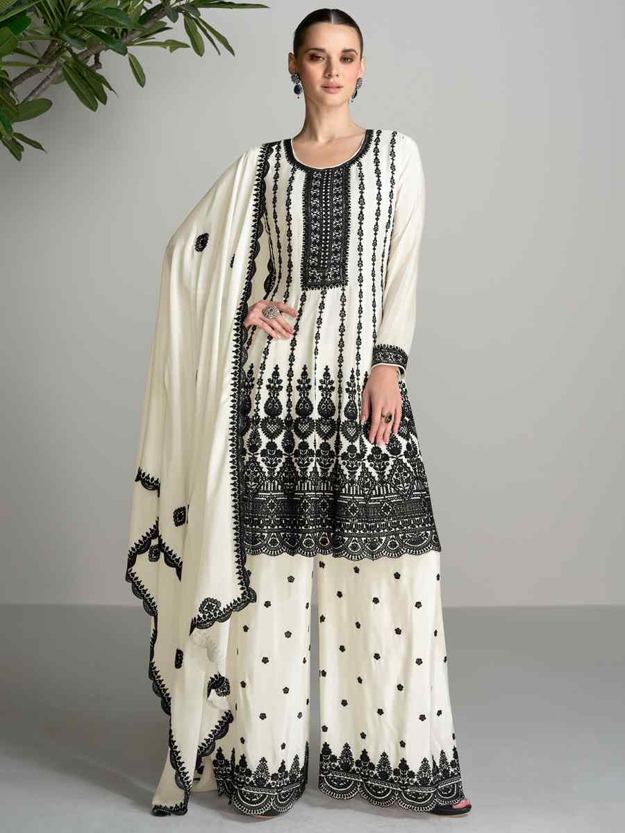 White Heavy Blomming Chinon Embroidered Festival Casual Palazzo Pant Salwar Kameez