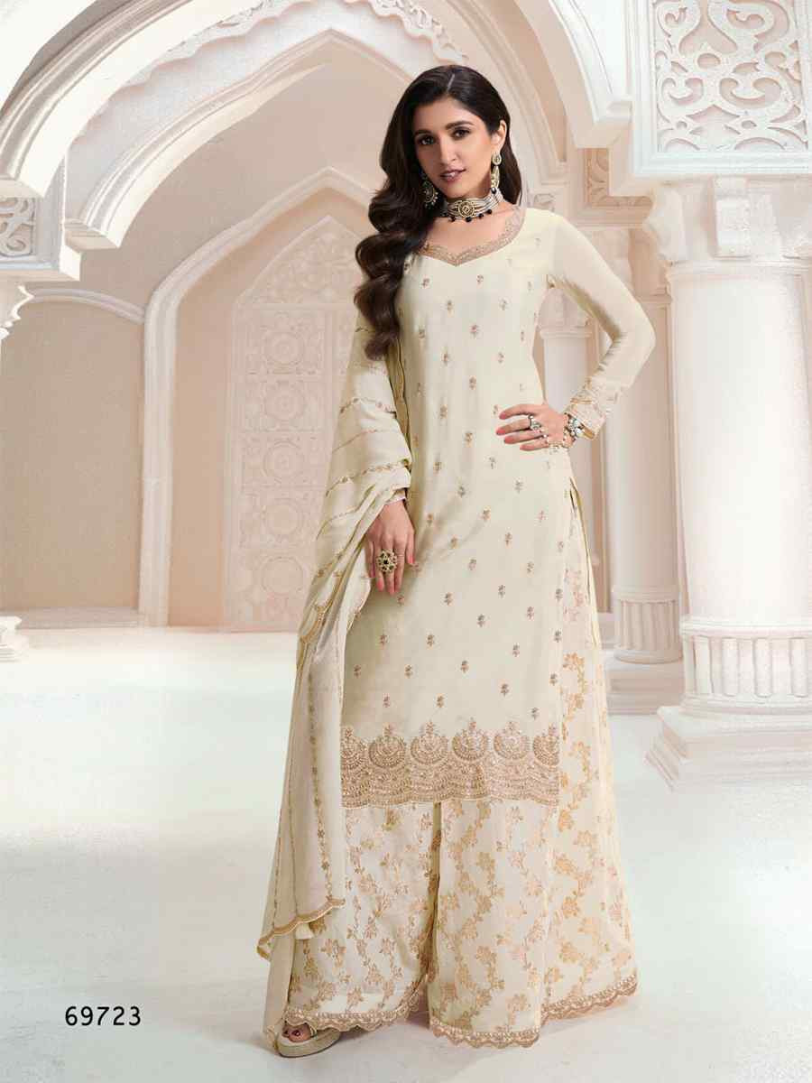 White Heavy Chinon Embroidered Festival Casual Palazzo Pant Salwar Kameez