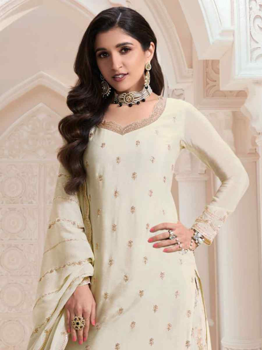 White Heavy Chinon Embroidered Festival Casual Palazzo Pant Salwar Kameez