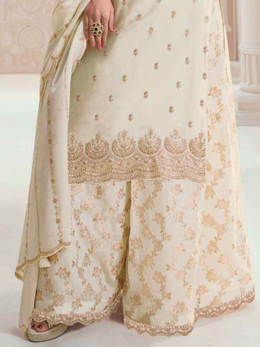 White Heavy Chinon Embroidered Festival Casual Palazzo Pant Salwar Kameez