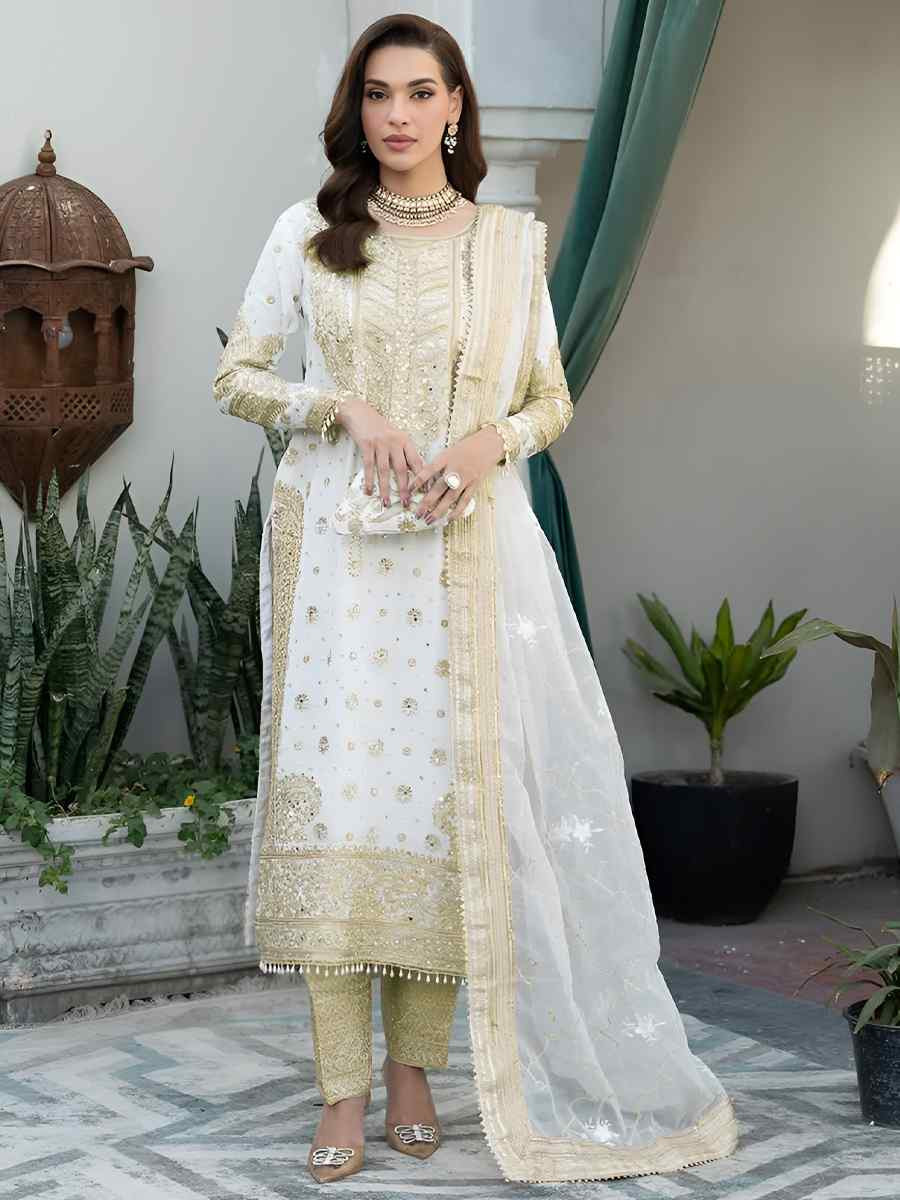 White Heavy Chinoon Embroidered Festival Casual Ready Pant Salwar Kameez