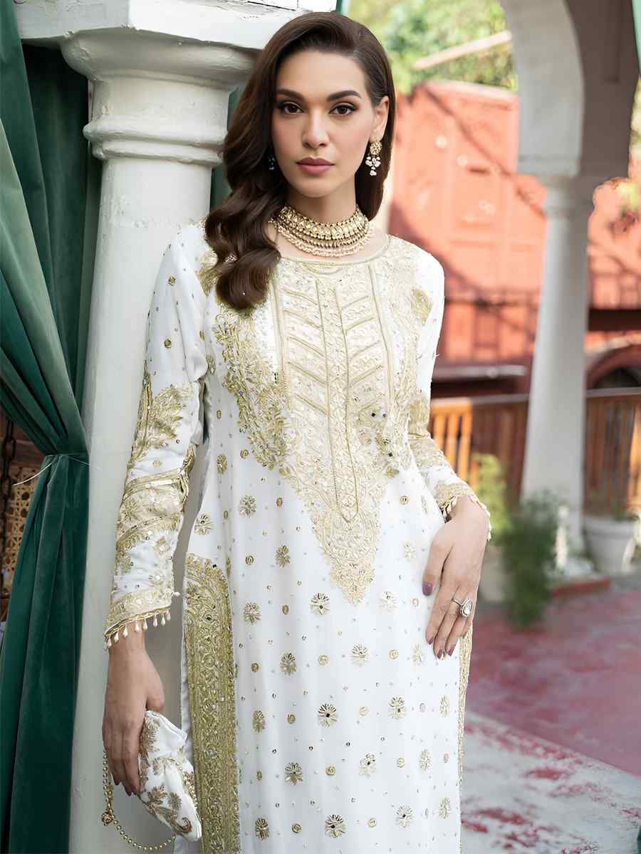 White Heavy Chinoon Embroidered Festival Casual Ready Pant Salwar Kameez