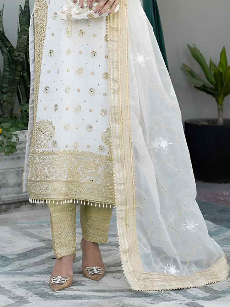 White Heavy Chinoon Embroidered Festival Casual Ready Pant Salwar Kameez