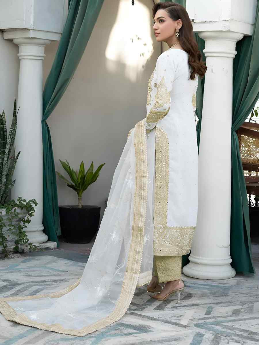 White Heavy Chinoon Embroidered Festival Casual Ready Pant Salwar Kameez