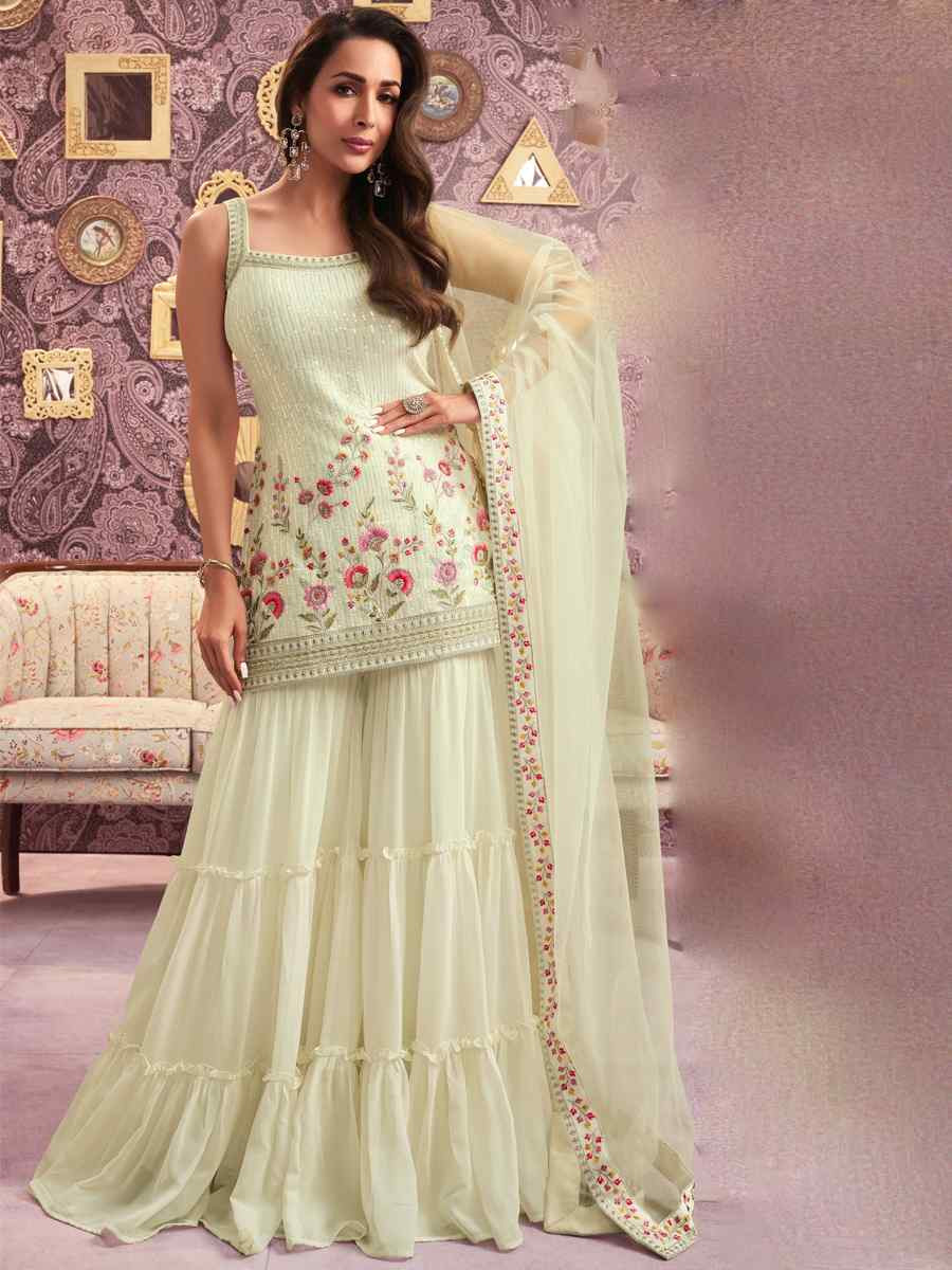 White Heavy Faux Georgette Embroidered Festival Wedding Sharara Pant Salwar Kameez